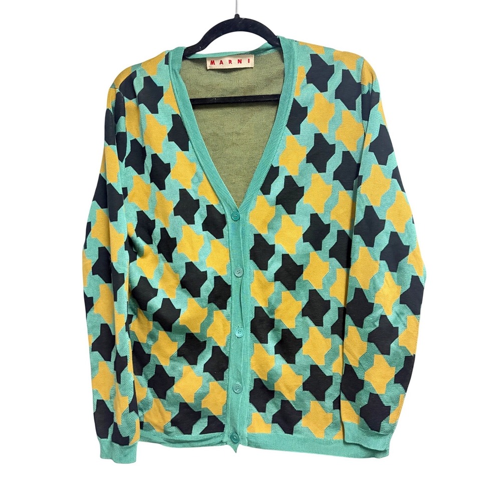 Marni Geometric Silk Cotton Blend Cardigan Teal Yellow Navy V-Neck Knit IT 42 M
